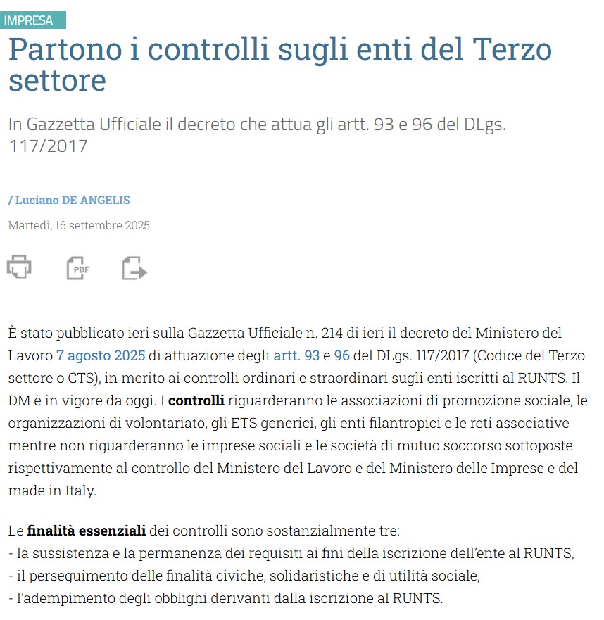 Partono i controlli sugli Enti del Terzo Settore